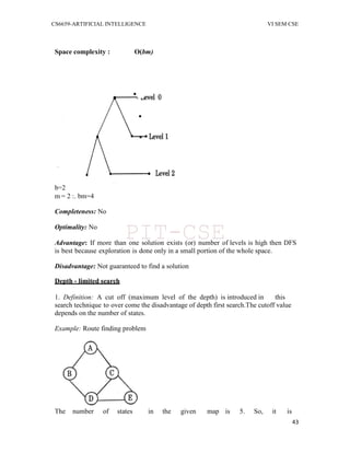 CS6659-ARTIFICIAL INTELLIGENCE VI SEM CSE
43
Space complexity : O(bm)
b=2
m = 2 :. bm=4
Completeness: No
Optimality: No
Advantage: If more than one solution exists (or) number of levels is high then DFS
is best because exploration is done only in a small portion of the whole space.
Disadvantage: Not guaranteed to find a solution
Depth - limited search
1. Definition: A cut off (maximum level of the depth) is introduced in this
search technique to over come the disadvantage of depth first search.The cutoff value
depends on the number of states.
Example: Route finding problem
The number of states in the given map is 5. So, it is
PIT-CSE
 