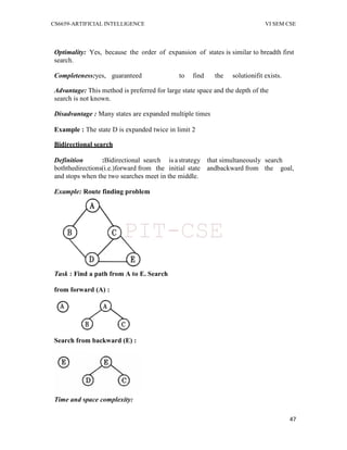 CS6659-ARTIFICIAL INTELLIGENCE VI SEM CSE
47
Optimality: Yes, because the order of expansion of states is similar to breadth first
search.
Completeness:yes, guaranteed to find the solutionifit exists.
Advantage: This method is preferred for large state space and the depth of the
search is not known.
Disadvantage : Many states are expanded multiple times
Example : The state D is expanded twice in limit 2
Bidirectional search
Definition :Bidirectional search is astrategy that simultaneously search
boththedirections(i.e.)forward from the initial state andbackward from the goal,
and stops when the two searches meet in the middle.
Example: Route finding problem
Task : Find a path from A to E. Search
from forward (A) :
Search from backward (E) :
Time and space complexity:
PIT-CSE
 