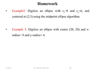 Homework
• Example2: Digitize an ellipse with rx=8 and ry=6, and
centered at (2,3) using the midpoint ellipse algorithm.
• Example 3: Digitize an ellipse with center (20, 20) and x-
radius= 8 and y-radius= 6.
108By: Tekendra Nath Yogi2/9/2019
 