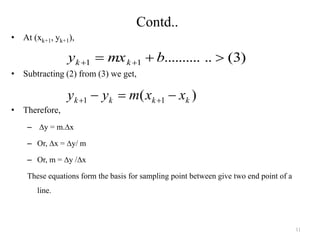 Contd..
11
• At (xk+1, yk+1),
• Subtracting (2) from (3) we get,
• Therefore,
– ∆y = m.∆x
– Or, ∆x = ∆y/ m
– Or, m = ∆y /∆x
These equations form the basis for sampling point between give two end point of a
line.
)3(............11   bmxy kk
)( 11 kkkk xxmyy  
 