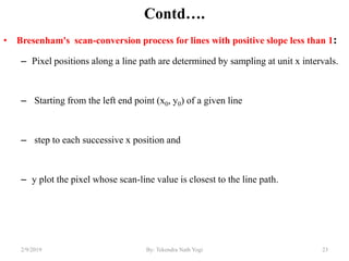 Contd….
• Bresenham's scan-conversion process for lines with positive slope less than 1:
– Pixel positions along a line path are determined by sampling at unit x intervals.
– Starting from the left end point (x0, y0) of a given line
– step to each successive x position and
– y plot the pixel whose scan-line value is closest to the line path.
23By: Tekendra Nath Yogi2/9/2019
 