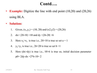 Contd….
• Example: Digitize the line with end point (10,20) and (20,26)
using BLA.
• Solution:
1. Given, (x1,y1) = (10, 20) and (x2,y2) = (20,26)
2. dx= |20-10| =10 and dy =|26-20| =6
3. Here x2>x1 is true i.e., 20>10 is true so set a = 1
4. y2>y1 is true i.e., 26>20 is true so set b =1
5. Here (dx>dy) is true i.e., 10>6 is true so, initial decision parameter
p0= 2dy-dx =2*6-10= 2
33By: Tekendra Nath Yogi2/9/2019
 