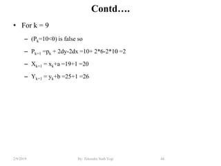 Contd….
• For k = 9
– (Pk=10<0) is false so
– Pk+1 =pk + 2dy-2dx =10+ 2*6-2*10 =2
– Xk+1 = xk+a =19+1 =20
– Yk+1 = yk+b =25+1 =26
44By: Tekendra Nath Yogi2/9/2019
 