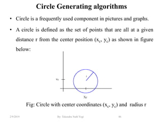 Circle Generating algorithms
• Circle is a frequently used component in pictures and graphs.
• A circle is defined as the set of points that are all at a given
distance r from the center position (xc, yc) as shown in figure
below:
Fig: Circle with center coordinates (xc, yc) and radius r
46By: Tekendra Nath Yogi2/9/2019
 
