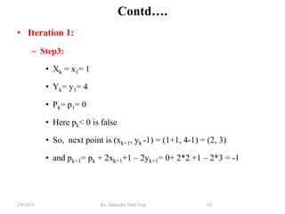 Contd….
• Iteration 1:
– Step3:
• Xk = x1= 1
• Yk= y1= 4
• Pk= p1= 0
• Here pk< 0 is false
• So, next point is (xk+1, yk -1) = (1+1, 4-1) = (2, 3)
• and pk+1= pk + 2xk+1+1 – 2yk+1= 0+ 2*2 +1 – 2*3 = -1
62By: Tekendra Nath Yogi2/9/2019
 