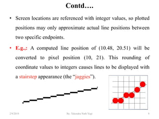 Contd….
• Screen locations are referenced with integer values, so plotted
positions may only approximate actual line positions between
two specific endpoints.
• E.g.,: A computed line position of (10.48, 20.51) will be
converted to pixel position (10, 21). This rounding of
coordinate values to integers causes lines to be displayed with
a stairstep appearance (the “jaggies”).
8By: Tekendra Nath Yogi2/9/2019
 