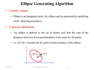 Ellipse Generating Algorithm
• Loosely stated:
– Ellipse is an elongated circle. So, ellipse can be generated by modifying
circle –drawing procedures.
• A precise definition:
– An ellipse is defined as the set of points such that the sum of the
distances from two fixed positions(foci) is the same for all points.
– i.e., d1+d2= constant for all point on the boundary of the ellipse
81By: Tekendra Nath Yogi2/9/2019
 