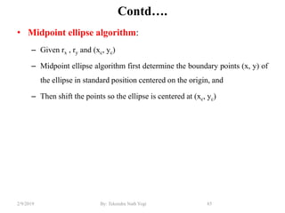 Contd….
• Midpoint ellipse algorithm:
– Given rx , ry and (xc, yc)
– Midpoint ellipse algorithm first determine the boundary points (x, y) of
the ellipse in standard position centered on the origin, and
– Then shift the points so the ellipse is centered at (xc, yc)
85By: Tekendra Nath Yogi2/9/2019
 