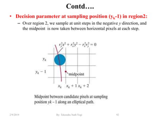 Contd….
• Decision parameter at sampling position (yk-1) in region2:
– Over region 2, we sample at unit steps in the negative y direction, and
the midpoint is now taken between horizontal pixels at each step.
92By: Tekendra Nath Yogi2/9/2019
 