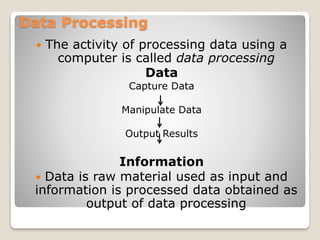 Data Processing
 The activity of processing data using a
computer is called data processing
Data
Capture Data
Manipulate Data
Output Results
Information
 Data is raw material used as input and
information is processed data obtained as
output of data processing
 