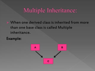  When one derived class is inherited from more
than one base class is called Multiple
inheritance.
Example:
A B
C
 