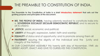 THE PREAMBLE TO CONSTITUTION OF INDIA.
The Preamble to the Constitution of India is a brief introductory statement that sets out the
guiding purpose and principles of the document.
 WE, THE PEOPLE OF INDIA, having solemnly resolved to constitute India into
a SOVEREIGN SOCIALIST SECULAR DEMOCRATIC REPUBLIC and to secure to
all its citizens:
 JUSTICE, social, economic and political;
 LIBERTY of thought, expression, belief, faith and worship;
 EQUALITY of status and of opportunity; and to promote among them all
 FRATERNITY assuring the dignity of the individual and the [unity and
integrity of the Nation];
IN OUR CONSTITUENT ASSEMBLY this twenty sixth day of November, 1949, do
HEREBY ADOPT, ENACT AND GIVE TO OURSELVES THIS CONSTITUTION.
 