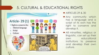 5. CULTURAL & EDUCATIONAL RIGHTS
 ARTICLES 29 & 30
 Any community which
has a language and a
script of its own has the
right to conserve and
develop it.
 All minorities, religious or
linguistic, can set up their
own educational
institutions to preserve
and develop their own
culture.
 
