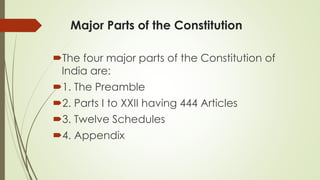 Major Parts of the Constitution
The four major parts of the Constitution of
India are:
1. The Preamble
2. Parts I to XXII having 444 Articles
3. Twelve Schedules
4. Appendix
 