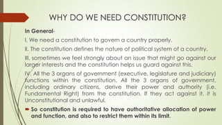 WHY DO WE NEED CONSTITUTION?
In General-
I. We need a constitution to govern a country properly.
II. The constitution defines the nature of political system of a country.
III. sometimes we feel strongly about an issue that might go against our
larger interests and the constitution helps us guard against this.
IV. All the 3 organs of government (executive, legislature and judiciary)
functions within the constitution. All the 3 organs of government,
including ordinary citizens, derive their power and authority (i.e.
Fundamental Right) from the constitution. If they act against it, it is
Unconstitutional and unlawful.
 So constitution is required to have authoritative allocation of power
and function, and also to restrict them within its limit.
 