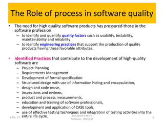The Role of process in software quality
• The need for high quality software products has pressured those in the
software profession
– to identify and quantify quality factors such as usability, testability,
maintainability and reliability
– to identify engineering practices that support the production of quality
products having these favorable attributes.
• Identified Practices that contribute to the development of high-quality
software are
– Project Planning
– Requirements Management
– Development of formal specification
– Structured design with use of information hiding and encapsulation,
– design and code reuse,
– inspections and reviews,
– product and process measurements,
– education and training of software professionals,
– development and application of CASE tools,
– use of effective testing techniques and integration of testing activities into the
entire life cycle.6-Dec-19
Dr.S.Roselin Mary
Professor, HOD/CSE
6
 