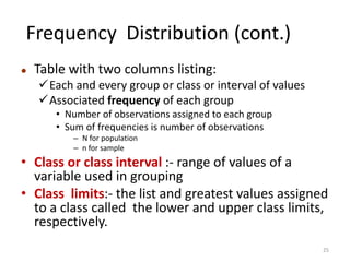 Frequency Distribution (cont.)
⚫ Table with two columns listing:
✓Each and every group or class or interval of values
✓Associated frequency of each group
• Number of observations assigned to each group
• Sum of frequencies is number of observations
– N for population
– n for sample
• Class or class interval :- range of values of a
variable used in grouping
• Class limits:- the list and greatest values assigned
to a class called the lower and upper class limits,
respectively.
25
 