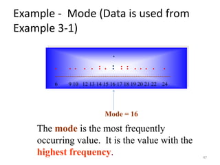 Example - Mode (Data is used from
Example 3-1)
.
. . . . . : . : : : . . . . .
---------------------------------------------------------------
6 9 10 12 13 14 15 16 17 18 19 20 21 22 24
The mode is the most frequently
occurring value. It is the value with the
highest frequency.
Mode = 16
47
 