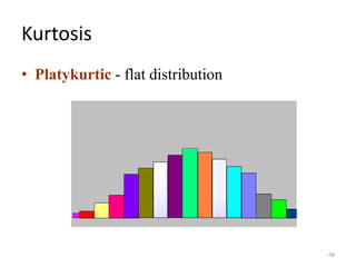 Kurtosis
• Platykurtic - flat distribution
68
 