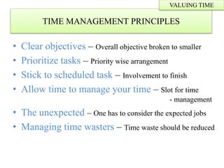 • Clear objectives – Overall objective broken to smaller
• Prioritize tasks – Priority wise arrangement
• Stick to scheduled task – Involvement to finish
• Allow time to manage your time – Slot for time
- management
• The unexpected – One has to consider the expected jobs
• Managing time wasters – Time waste should be reduced
TIME MANAGEMENT PRINCIPLES
VALUING TIME
 