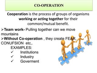 Cooperation is the process of groups of organisms
working or acting together for their
common/mutual benefit.
CO-OPERATION
Team work- Pulling together can we move
mountains
Without Co-operation , they create FEAR,
CONUFSION etc,.
EXAMPLES:
 Institutions
 Industry
 Goverment
 