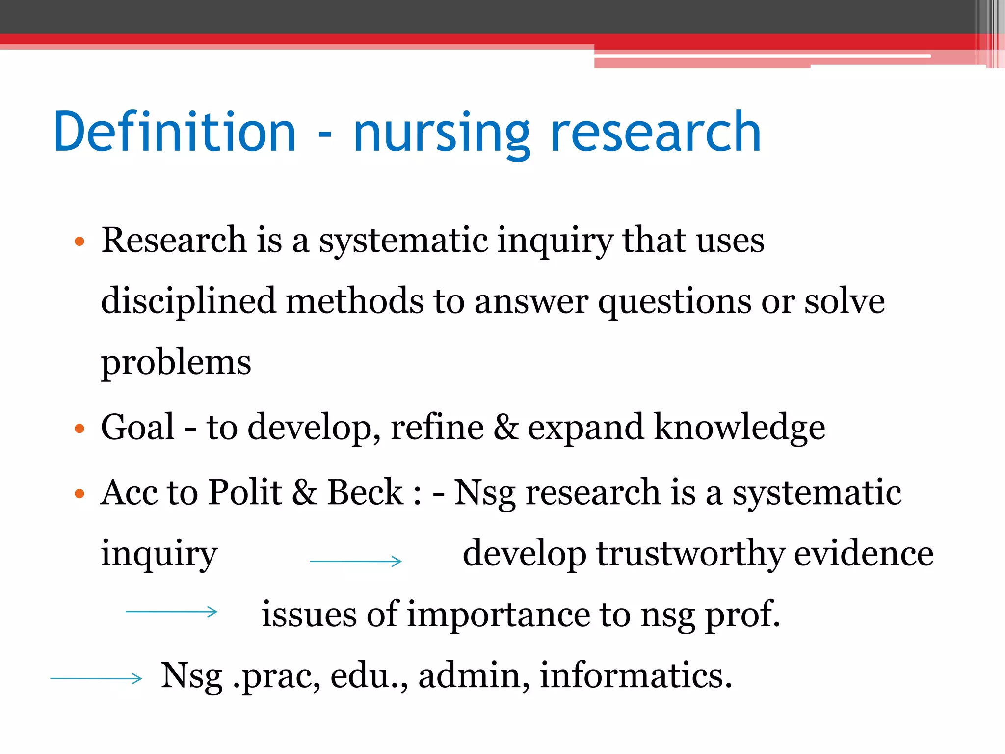 Definition - nursing research
• Research is a systematic inquiry that uses
disciplined methods to answer questions or solve
problems
• Goal - to develop, refine & expand knowledge
• Acc to Polit & Beck : - Nsg research is a systematic
inquiry develop trustworthy evidence
issues of importance to nsg prof.
Nsg .prac, edu., admin, informatics.
 