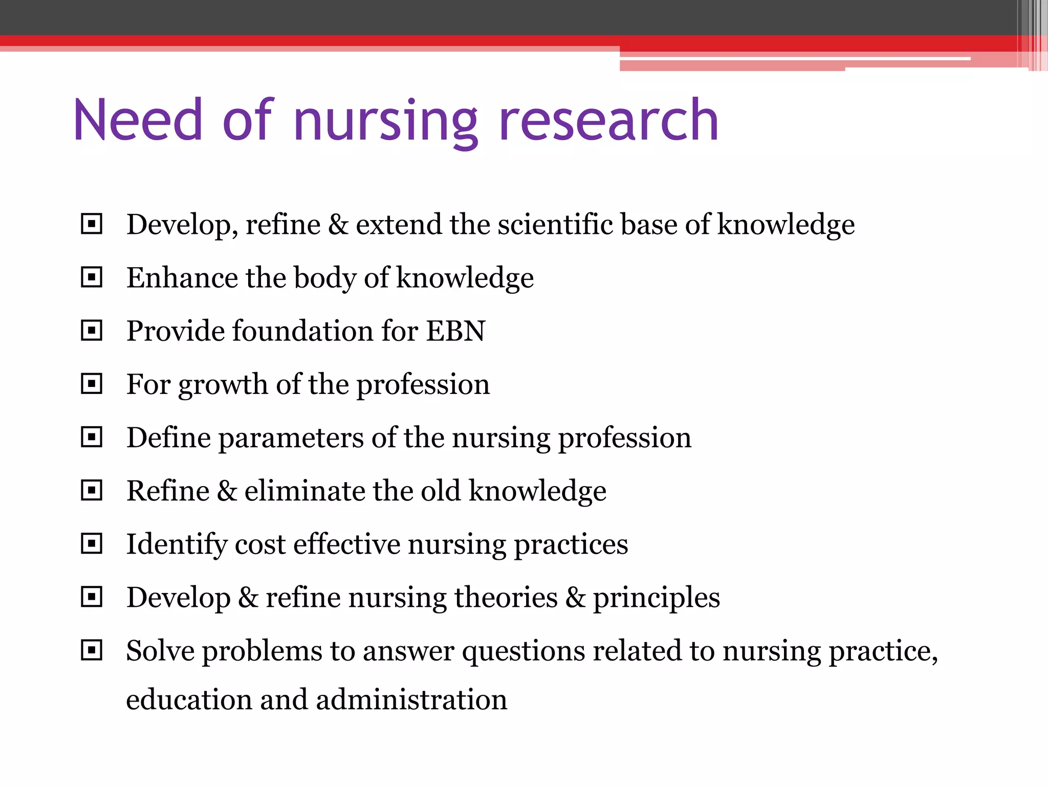 Need of nursing research
 Develop, refine & extend the scientific base of knowledge
 Enhance the body of knowledge
 Provide foundation for EBN
 For growth of the profession
 Define parameters of the nursing profession
 Refine & eliminate the old knowledge
 Identify cost effective nursing practices
 Develop & refine nursing theories & principles
 Solve problems to answer questions related to nursing practice,
education and administration
 