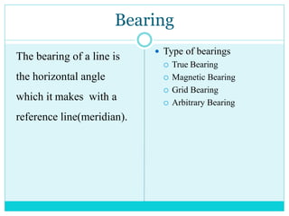 Bearing
The bearing of a line is
the horizontal angle
which it makes with a
reference line(meridian).
 Type of bearings
 True Bearing
 Magnetic Bearing
 Grid Bearing
 Arbitrary Bearing
 
