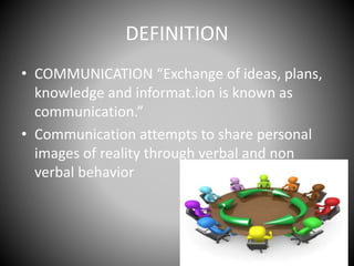 DEFINITION
• COMMUNICATION “Exchange of ideas, plans,
knowledge and informat.ion is known as
communication.”
• Communication attempts to share personal
images of reality through verbal and non
verbal behavior
 