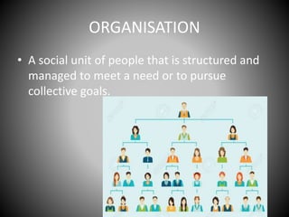 ORGANISATION
• A social unit of people that is structured and
managed to meet a need or to pursue
collective goals.
 