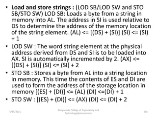 • Load and store strings : (LOD SB/LOD SW and STO
SB/STO SW) LOD SB: Loads a byte from a string in
memory into AL. The address in SI is used relative to
DS to determine the address of the memory location
of the string element. (AL) <= [(DS) + (SI)] (SI) <= (SI)
+ 1
• LOD SW : The word string element at the physical
address derived from DS and SI is to be loaded into
AX. SI is automatically incremented by 2. (AX) <=
[(DS) + (SI)] (SI) <= (SI) + 2
• STO SB : Stores a byte from AL into a string location
in memory. This time the contents of ES and DI are
used to form the address of the storage location in
memory [(ES) + (DI)] <= (AL) (DI) <=(DI) + 1
• STO SW : [(ES) + (DI)] <= (AX) (DI) <= (DI) + 2
Kongunadu College of Engineering and
Technology(Autonomous)
116
5/25/2021
 