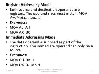 Register Addressing Mode
• Both source and destination operands are
registers. The operand sizes must match. MOV
destination, source
• Examples:
• MOV AL, AH
• MOV AX, BX
Immediate Addressing Mode
• The data operand is supplied as part of the
instruction. The immediate operand can only be a
source.
• Examples:
• MOV CH, 3A H
• MOV DX, 0C1A5 H
Kongunadu College of Engineering and
Technology(Autonomous)
22
5/25/2021
 