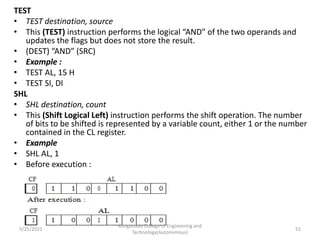 TEST
• TEST destination, source
• This (TEST) instruction performs the logical “AND” of the two operands and
updates the flags but does not store the result.
• (DEST) “AND” (SRC)
• Example :
• TEST AL, 15 H
• TEST SI, DI
SHL
• SHL destination, count
• This (Shift Logical Left) instruction performs the shift operation. The number
of bits to be shifted is represented by a variable count, either 1 or the number
contained in the CL register.
• Example
• SHL AL, 1
• Before execution :
Kongunadu College of Engineering and
Technology(Autonomous)
51
5/25/2021
 
