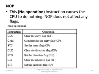NOP
• This (No operation) instruction causes the
CPU to do nothing. NOP does not affect any
flags.
Kongunadu College of Engineering and
Technology(Autonomous)
64
5/25/2021
 