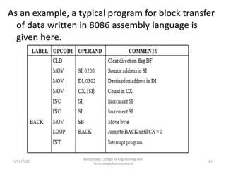 As an example, a typical program for block transfer
of data written in 8086 assembly language is
given here.
Kongunadu College of Engineering and
Technology(Autonomous)
81
5/25/2021
 