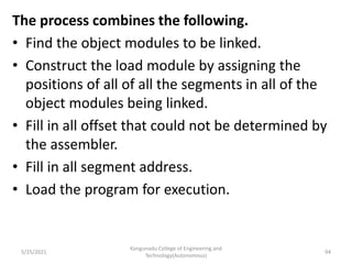 The process combines the following.
• Find the object modules to be linked.
• Construct the load module by assigning the
positions of all of all the segments in all of the
object modules being linked.
• Fill in all offset that could not be determined by
the assembler.
• Fill in all segment address.
• Load the program for execution.
Kongunadu College of Engineering and
Technology(Autonomous)
94
5/25/2021
 