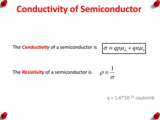 Conductivity of Semiconductor


1

The Resistivity of a semiconductor is
n
p qn
qp 

 

The Conductivity of a semiconductor is
q = 1.6*10-19 coulomb
 