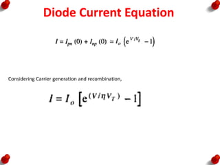Diode Current Equation
Considering Carrier generation and recombination,
 