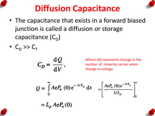 Diffusion Capacitance
• The capacitance that exists in a forward biased
junction is called a diffusion or storage
capacitance (CD)
• CD >> CT
Where dQ represents change in the
number of minority carrier when
change in voltage.
 