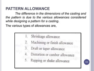 PATTERN ALLOWANCE
The difference in the dimensions of the casting and
the pattern is due to the various allowances considered
while designing a pattern for a casting.
The various types of allowances are,
111
 
