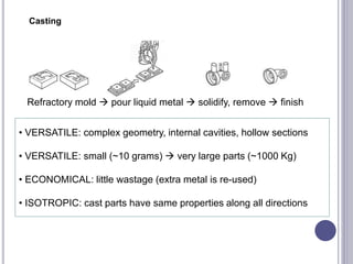 Casting
Refractory mold  pour liquid metal  solidify, remove  finish
• VERSATILE: complex geometry, internal cavities, hollow sections
• VERSATILE: small (~10 grams)  very large parts (~1000 Kg)
• ECONOMICAL: little wastage (extra metal is re-used)
• ISOTROPIC: cast parts have same properties along all directions
 