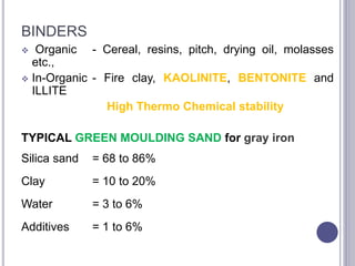 BINDERS
 Organic - Cereal, resins, pitch, drying oil, molasses
etc.,
 In-Organic - Fire clay, KAOLINITE, BENTONITE and
ILLITE
High Thermo Chemical stability
TYPICAL GREEN MOULDING SAND for gray iron
Silica sand = 68 to 86%
Clay = 10 to 20%
Water = 3 to 6%
Additives = 1 to 6%
71
 