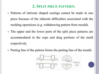 2. SPLIT PIECE PATTERN:
 Patterns of intricate shaped castings cannot be made in one
piece because of the inherent difficulties associated with the
molding operations (e.g. withdrawing pattern from mould).
 The upper and the lower parts of the split piece patterns are
accommodated in the cope and drag portions of the mold
respectively.
 Parting line of the pattern forms the parting line of the mould.
83
 