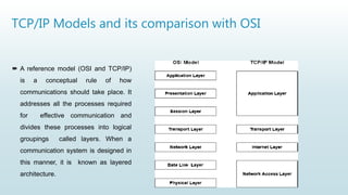 TCP/IP Models and its comparison with OSI
 A reference model (OSI and TCP/IP)
is a conceptual rule of how
communications should take place. It
addresses all the processes required
for effective communication and
divides these processes into logical
groupings called layers. When a
communication system is designed in
this manner, it is known as layered
architecture.
 