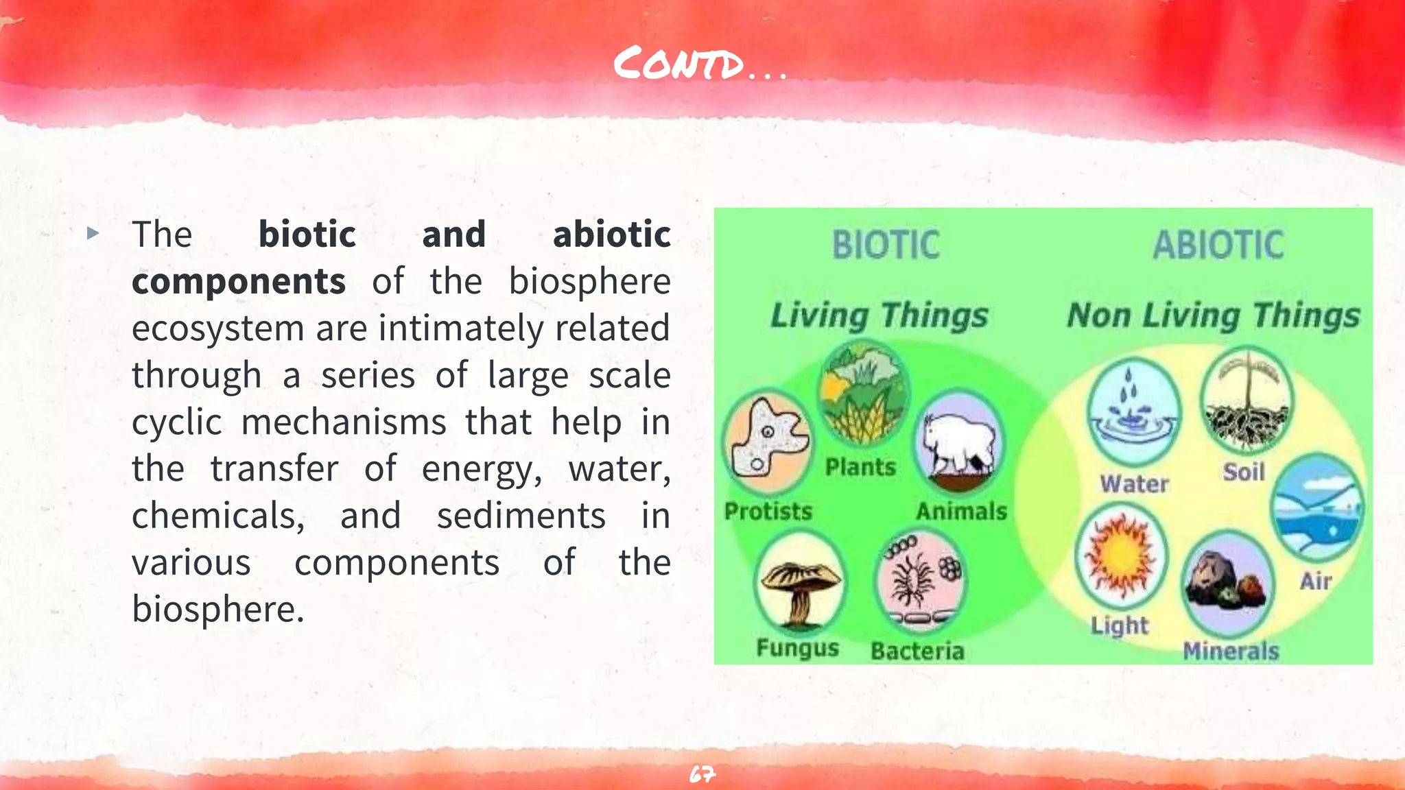 Contd…
▸ The biotic and abiotic
components of the biosphere
ecosystem are intimately related
through a series of large scale
cyclic mechanisms that help in
the transfer of energy, water,
chemicals, and sediments in
various components of the
biosphere.
67
 