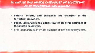 In nature two major categories of ecosystems
exist: terrestrial and aquatic.
▸ Forests, deserts, and grasslands are examples of the
terrestrial ecosystem.
▸ Ponds, lakes, wet lands, and salt water are some examples of
the aquatic ecosystem.
▸ Crop lands and aquarium are examples of manmade ecosystems.
16
 
