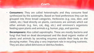Contd…
▸ Consumers: They are called heterotrophs and they consume food
synthesized by the autotrophs. Based on food preferences they can be
grouped into three broad categories. Herbivores (e.g. cow, deer, and
rabbit, etc.) feed directly on plants, carnivores are animals which eat
other animals (e.g. lion, cat, dog, etc.) and omnivore’s organisms
feeding upon plants and animals e.g. human, pigs, and sparrow.
▸ Decomposers: Also called saprotrophs. These are mostly bacteria and
fungi that feed on dead decomposed and the dead organic matter of
plants and animals by secreting enzymes outside their body on the
decaying matter. They play a very important role in recycling nutrients.
They are also called detrivores or detritus feeders.
23
 
