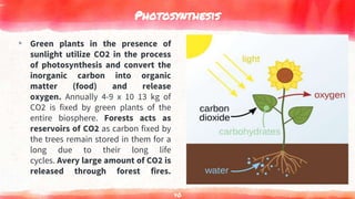 Photosynthesis
▸ Green plants in the presence of
sunlight utilize CO2 in the process
of photosynthesis and convert the
inorganic carbon into organic
matter (food) and release
oxygen. Annually 4-9 x 10 13 kg of
CO2 is fixed by green plants of the
entire biosphere. Forests acts as
reservoirs of CO2 as carbon fixed by
the trees remain stored in them for a
long due to their long life
cycles. Avery large amount of CO2 is
released through forest fires.
40
 