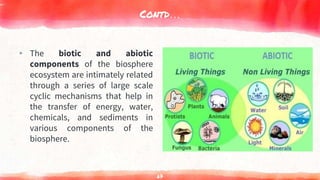 Contd…
▸ The biotic and abiotic
components of the biosphere
ecosystem are intimately related
through a series of large scale
cyclic mechanisms that help in
the transfer of energy, water,
chemicals, and sediments in
various components of the
biosphere.
67
 
