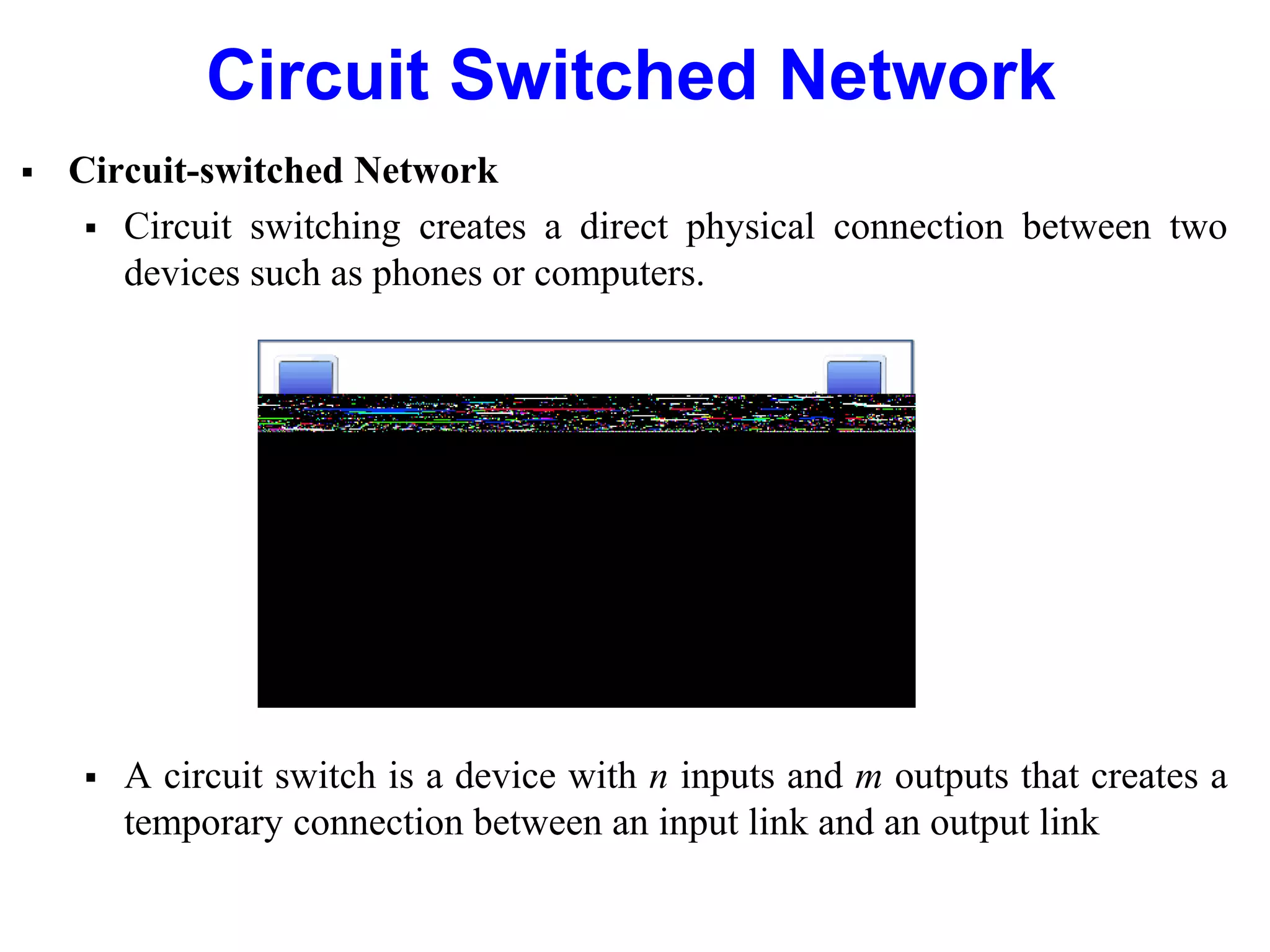 Circuit Switched Network
 Circuit-switched Network
 Circuit switching creates a direct physical connection between two
devices such as phones or computers.
 A circuit switch is a device with n inputs and m outputs that creates a
temporary connection between an input link and an output link
 
